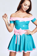 'Party Girl' Latex Off-the-Shoulder Dress with Fan Bow and Contrast Trim – Light Blue and Pink