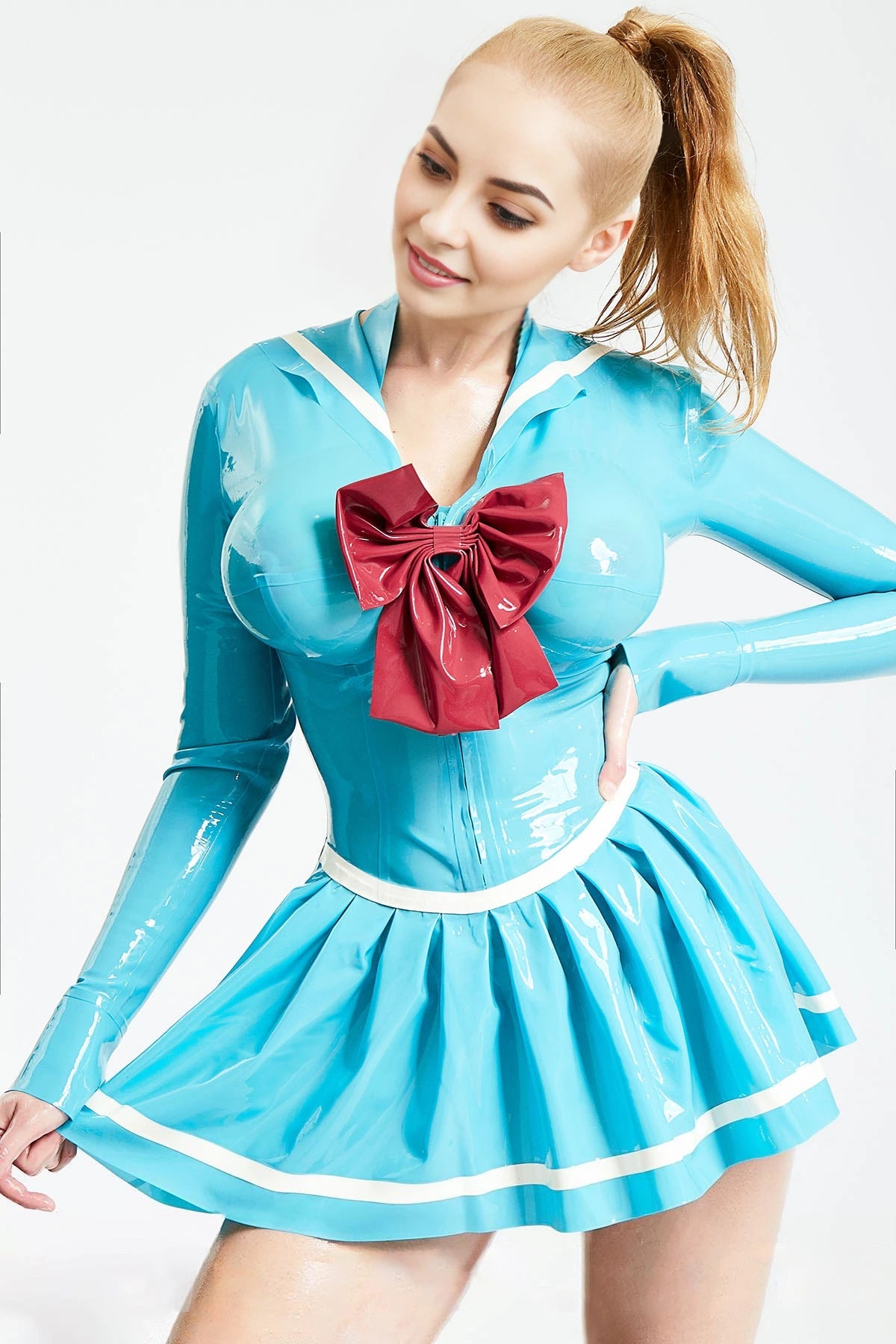 Anchors Aweigh Latex Nautical Mini Dress — Light Blue, Red & White