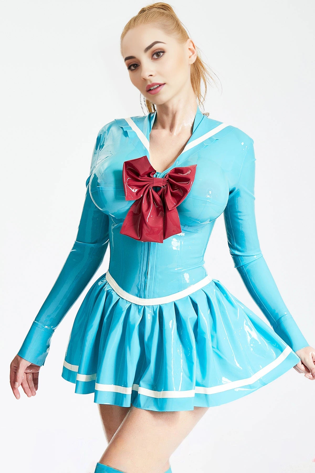 Anchors Aweigh Latex Nautical Mini Dress — Light Blue, Red & White