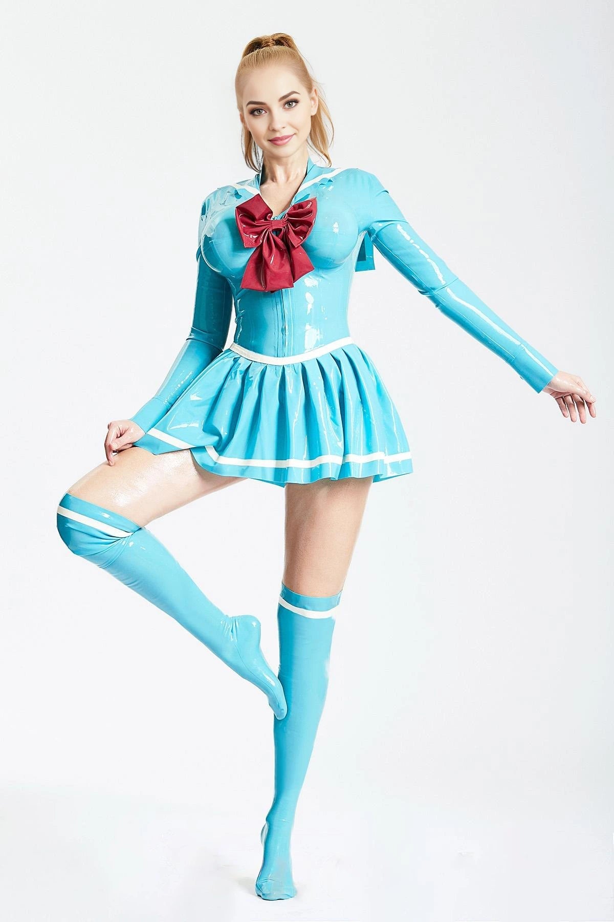 Anchors Aweigh Latex Nautical Mini Dress — Light Blue, Red & White