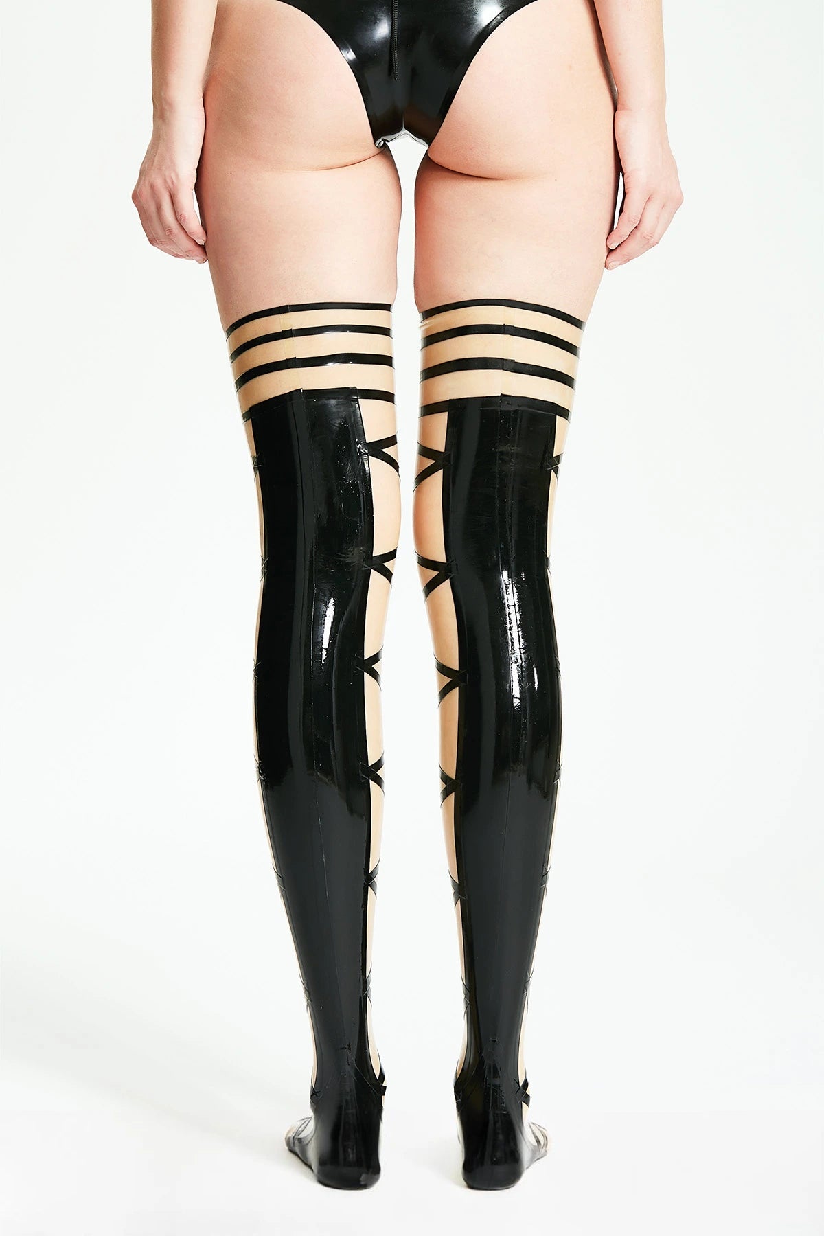 'Maypole' Latex Thigh-High Stockings with Lacing Detail – Translucent Natural and Black