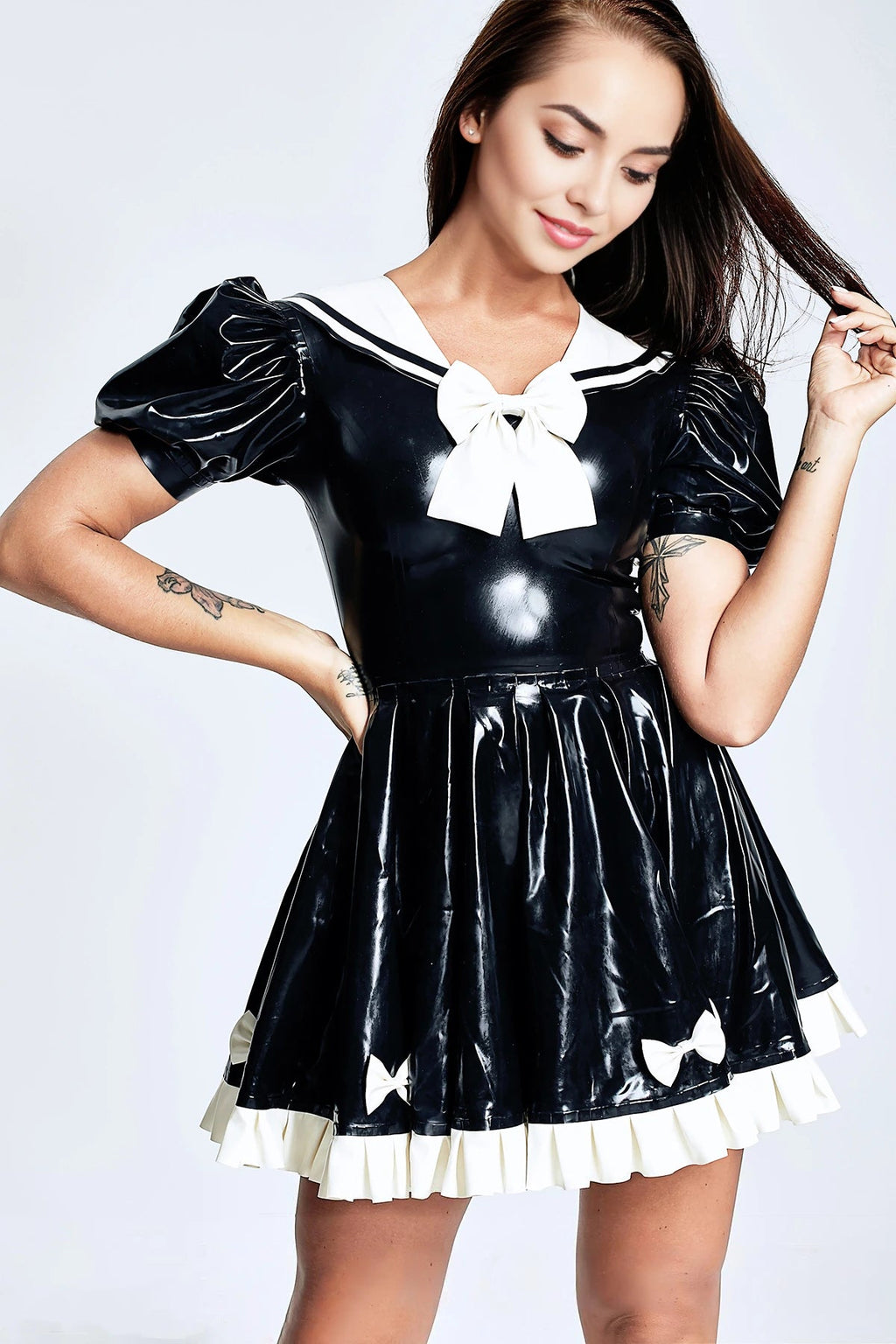 Bows Galore Latex Mini Maid’s Dress — Black & White