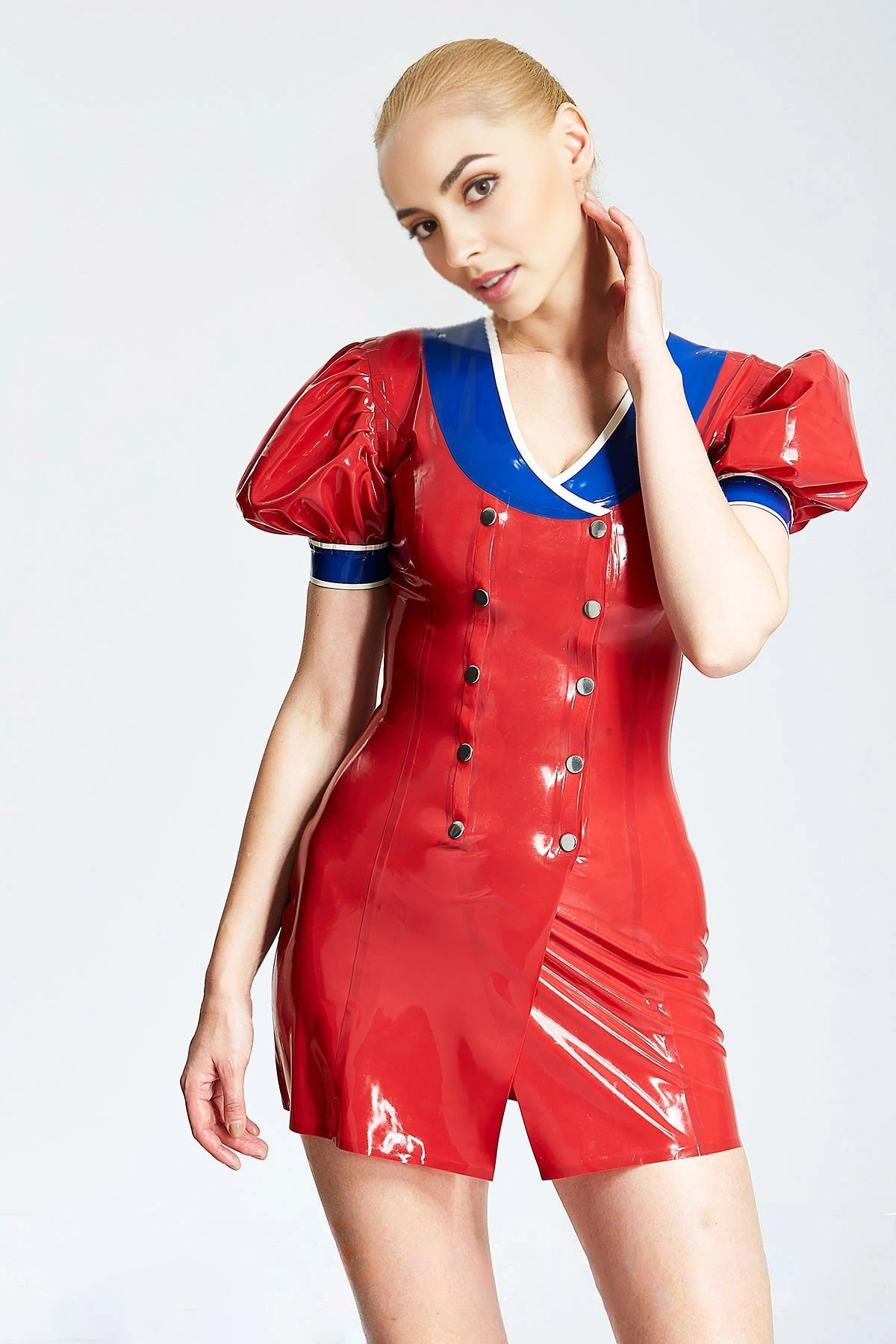 'Patriotic' Latex Double-Breasted Micro Dress with Puff Sleeves – Red and Blue