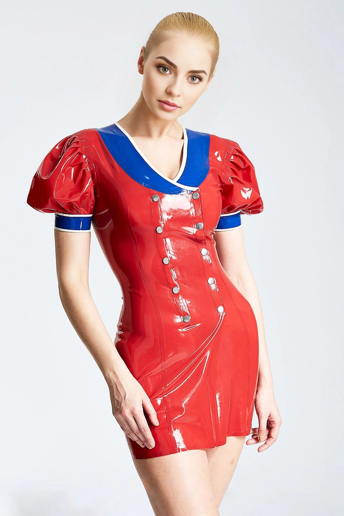 'Patriotic' Latex Double-Breasted Micro Dress with Puff Sleeves – Red and Blue