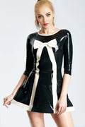 'Priscilla' Latex Micro Party Dress with Bow and V-Ribbon Detail – Black and White