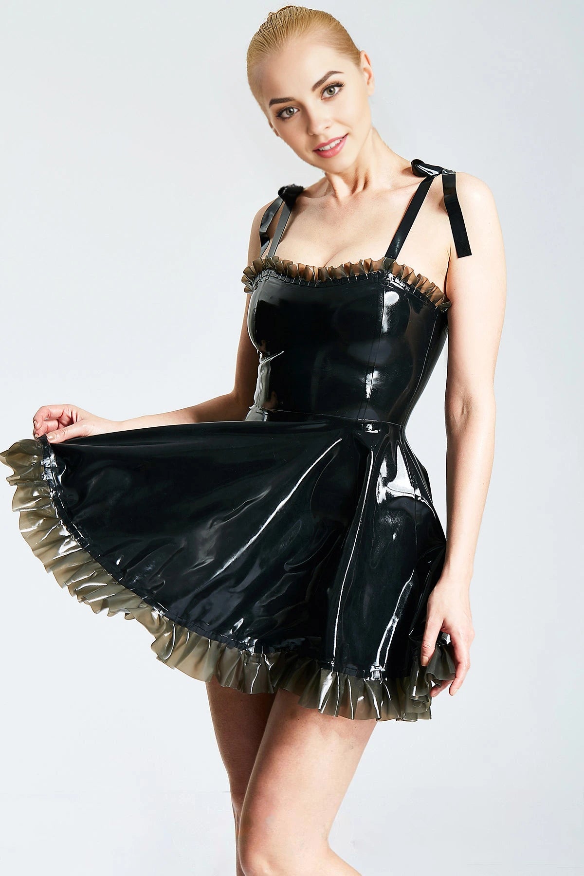 Baby Doll Latex Party Mini Dress — Black & Smokey Black