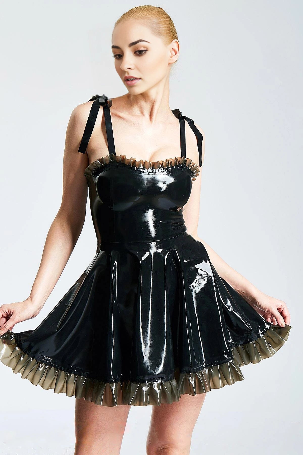 Baby Doll Latex Party Mini Dress — Black & Smokey Black