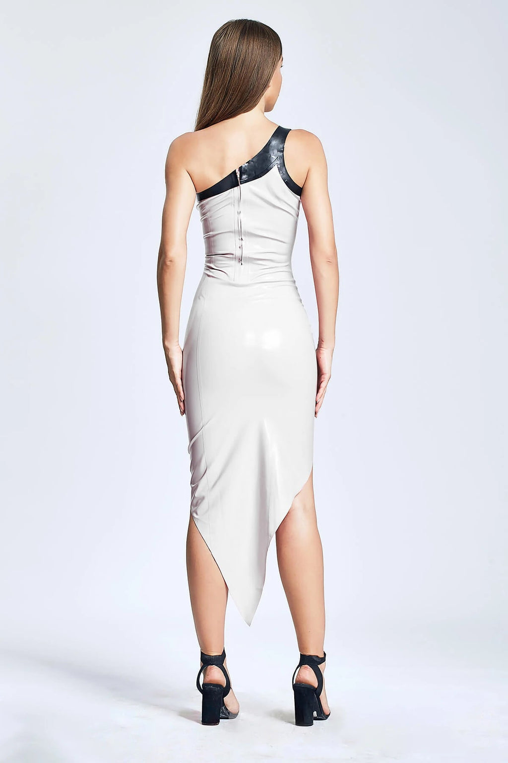 Latex Asymmetric One-Shoulder Party Dress with Contrast Trim – White and Black