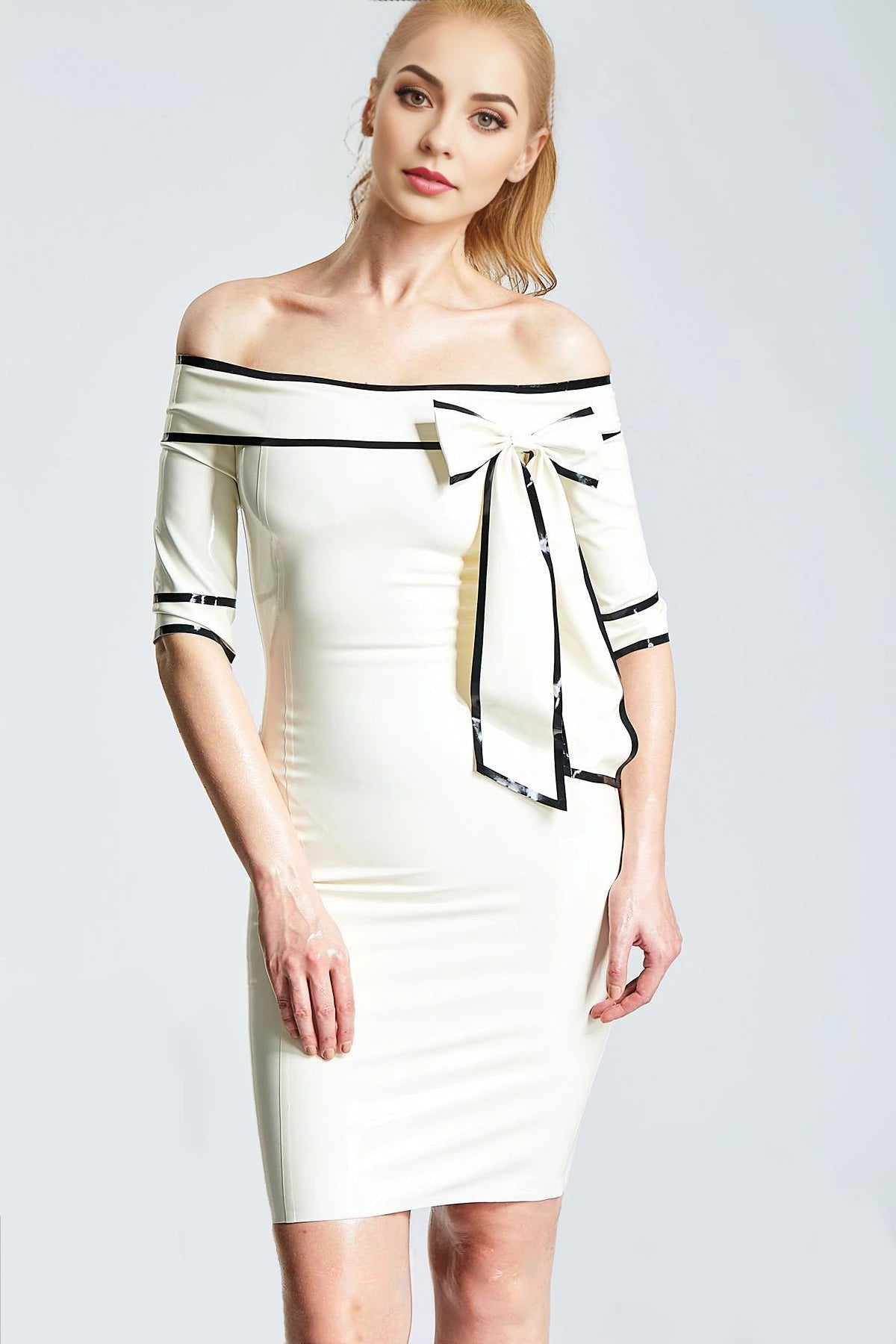Drop-Shoulder Bow Ribbon Latex Cocktail Dress