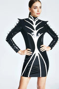 'Spiked Splendour' Latex Mini Dress with Winged Shoulders and Collar