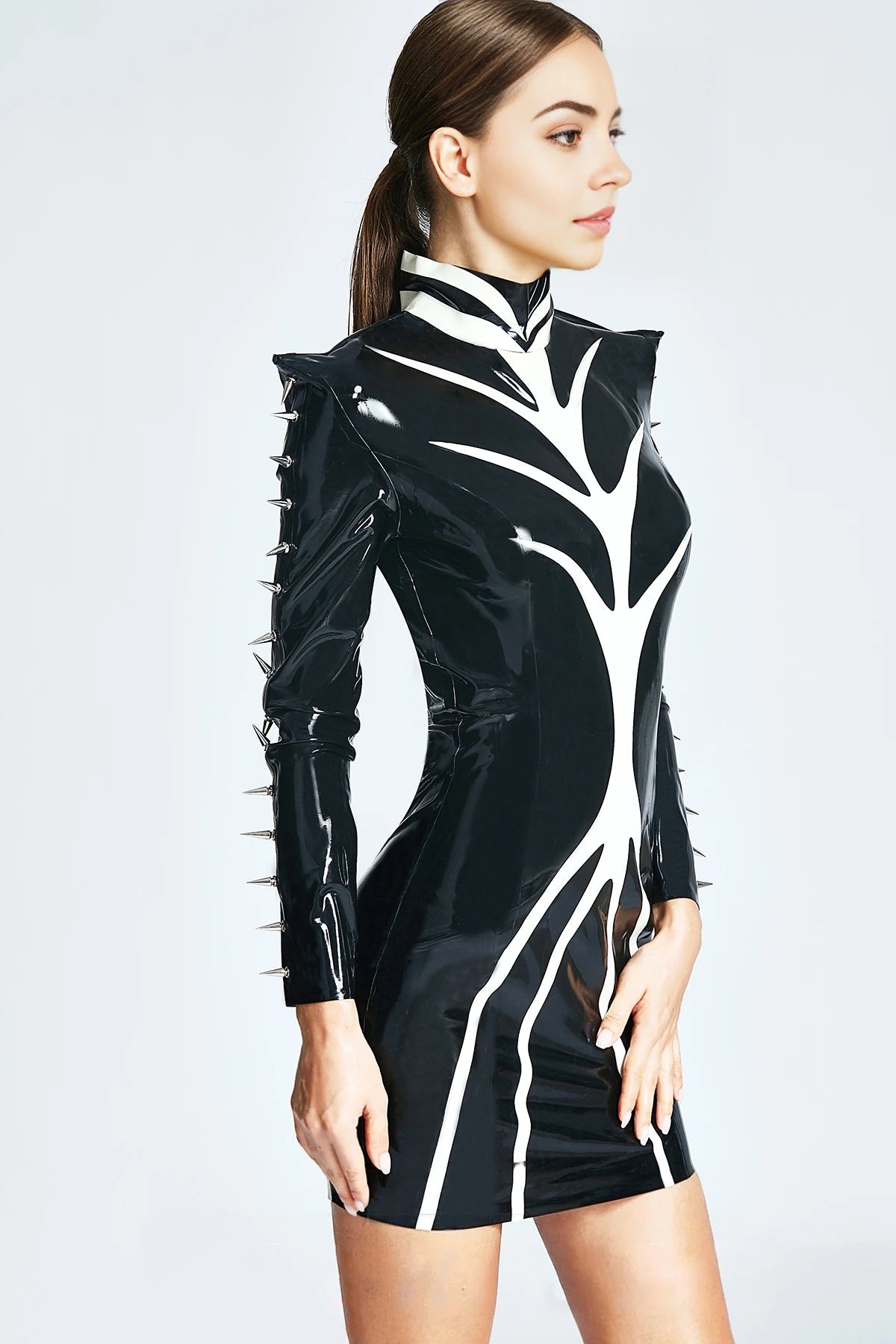 'Spiked Splendour' Latex Mini Dress with Winged Shoulders and Collar