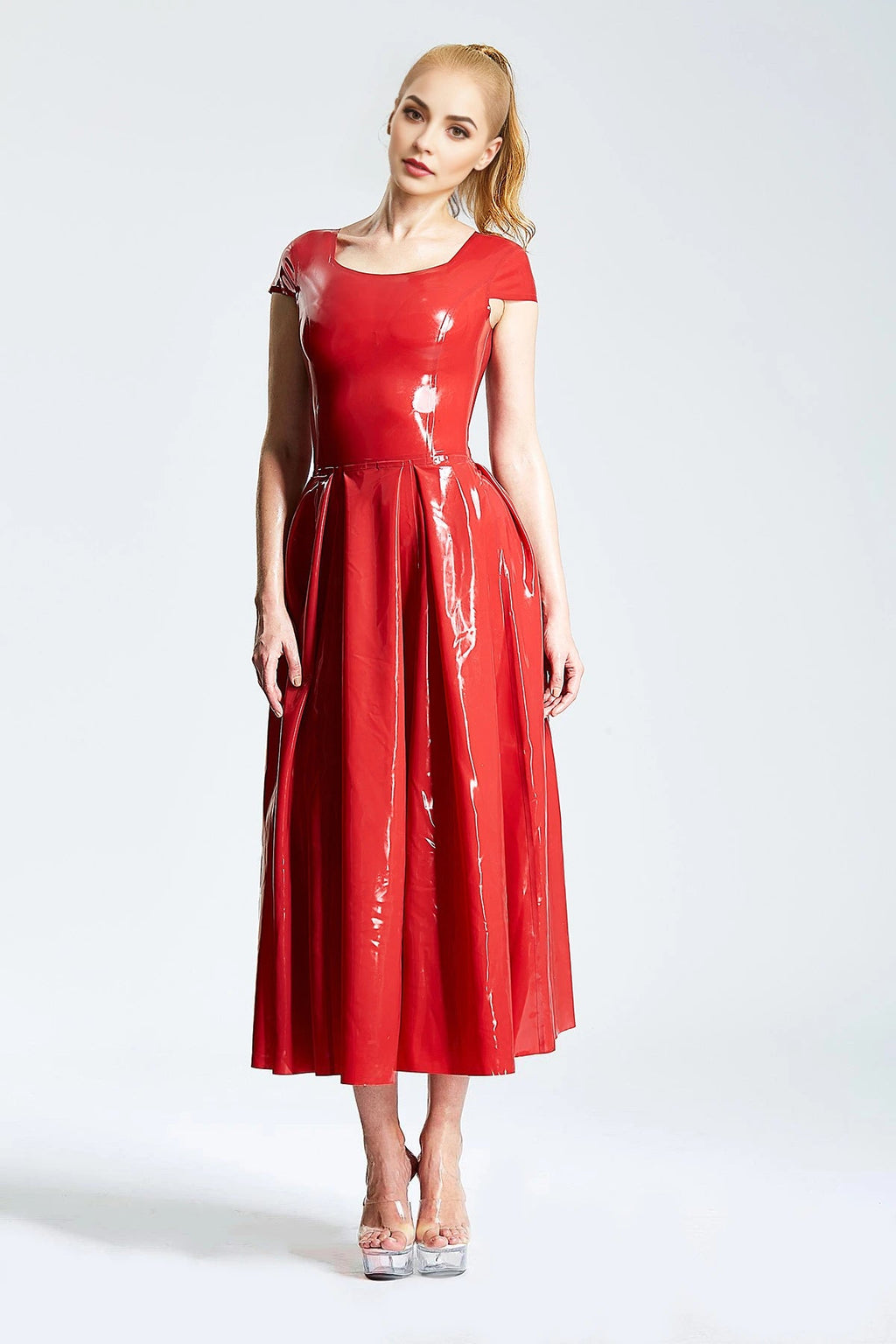 Latex U-Neck Ballerina-Length Party Dress with Pleated Skirt