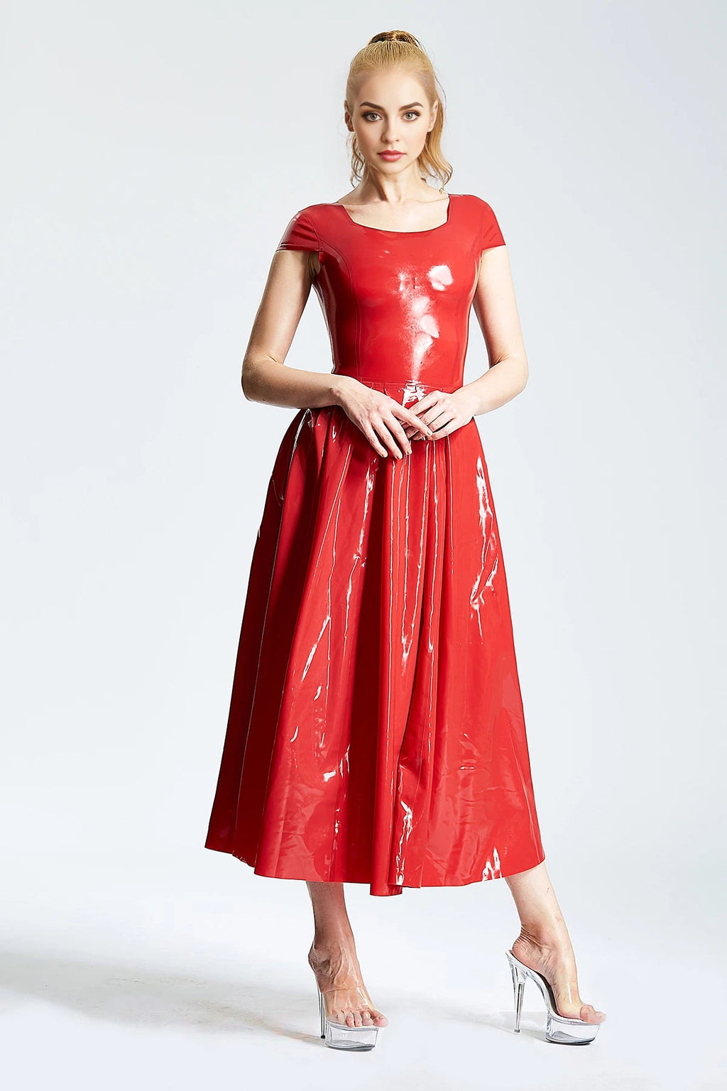 Latex U-Neck Ballerina-Length Party Dress with Pleated Skirt