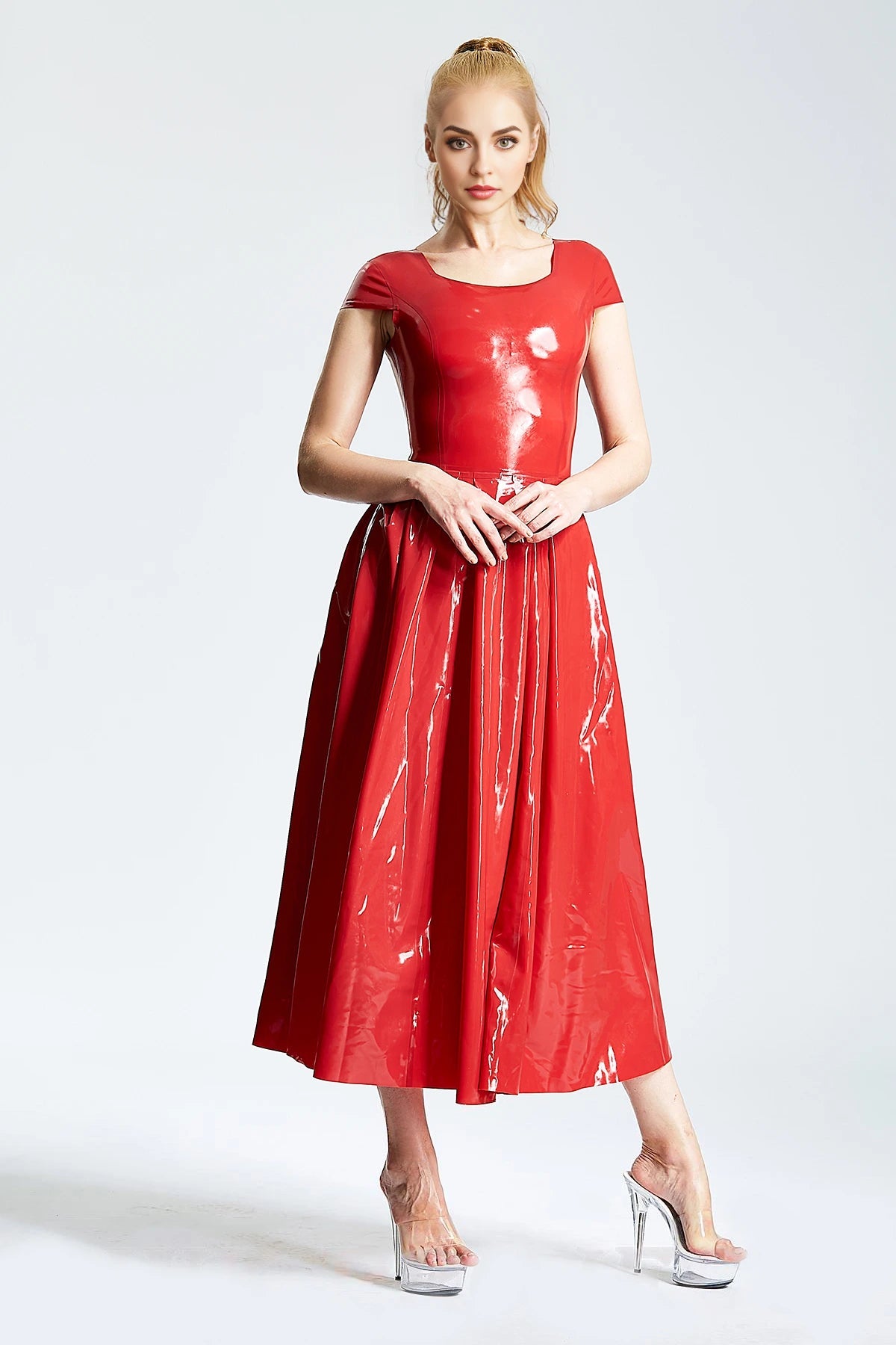 Latex U-Neck Ballerina-Length Party Dress with Pleated Skirt