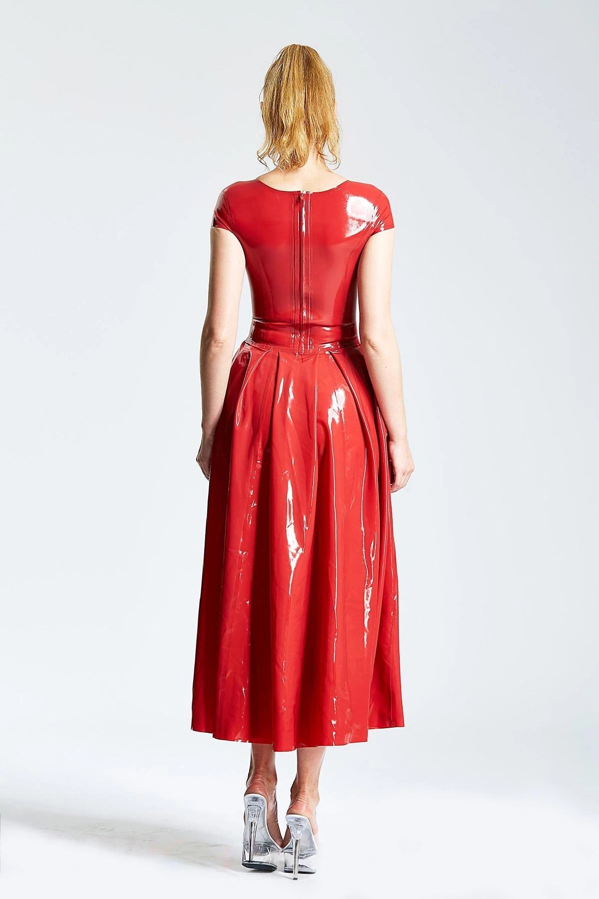 Latex U-Neck Ballerina-Length Party Dress with Pleated Skirt