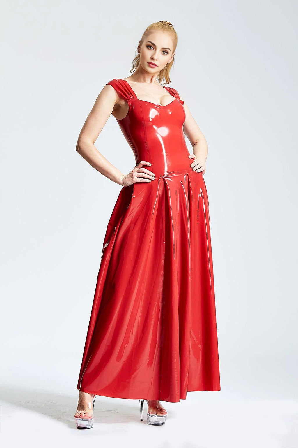 Latex Panel-Pleated Formal Maxi Dress – Red
