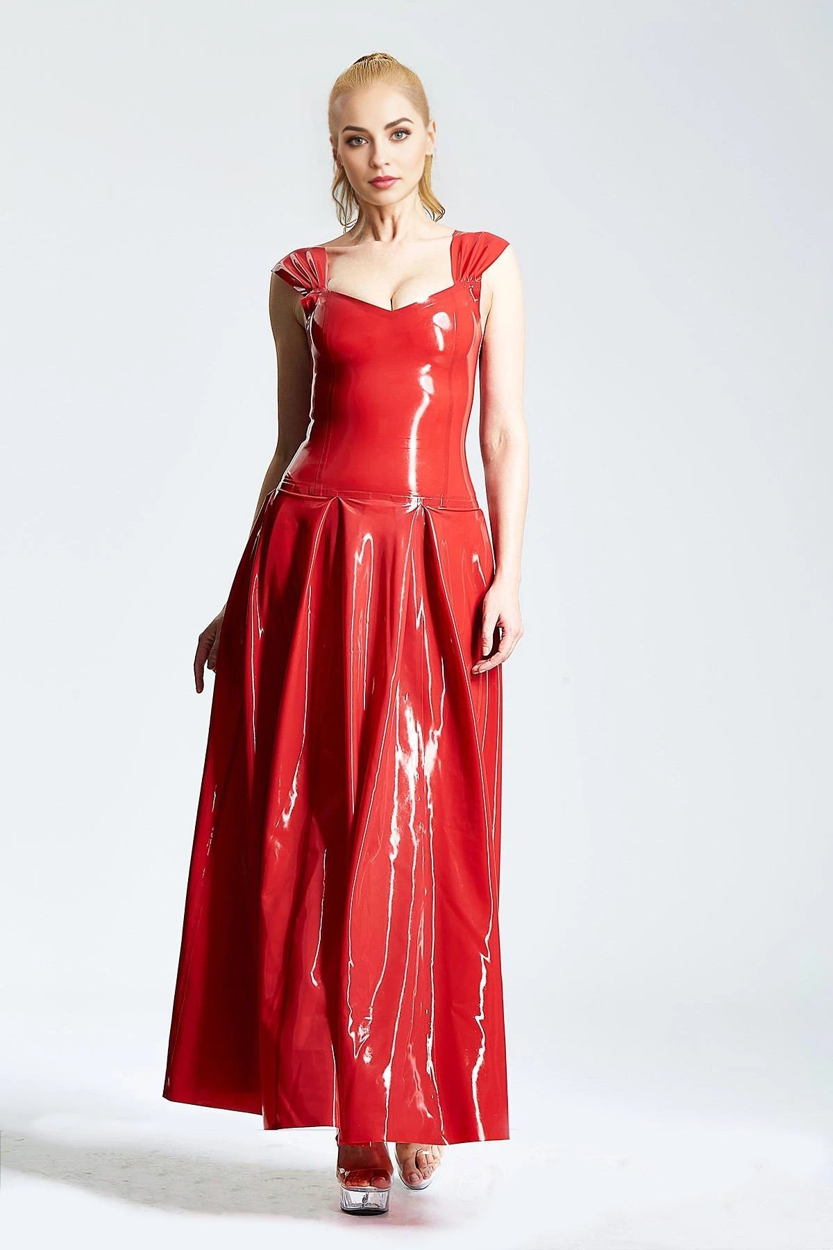 Latex Panel-Pleated Formal Maxi Dress – Red