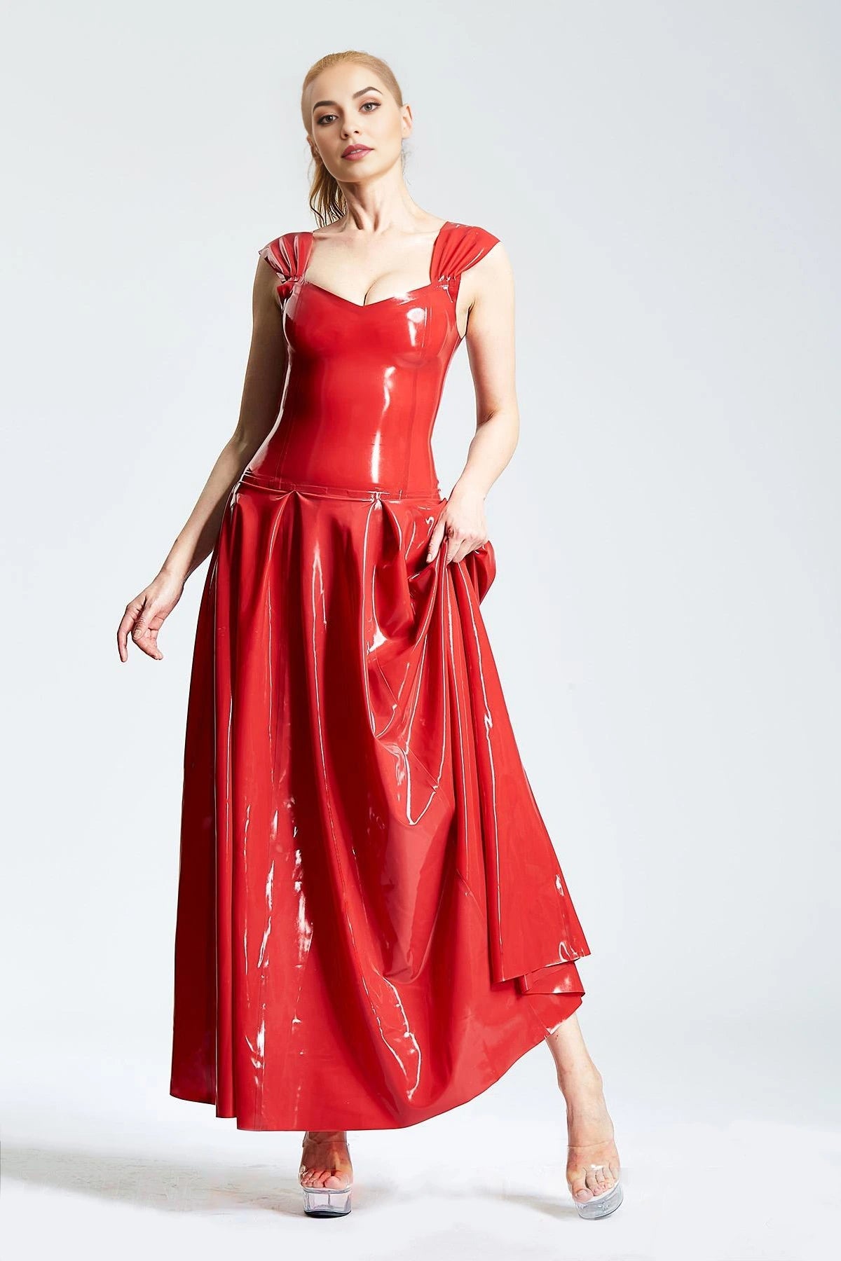Latex Panel-Pleated Formal Maxi Dress – Red