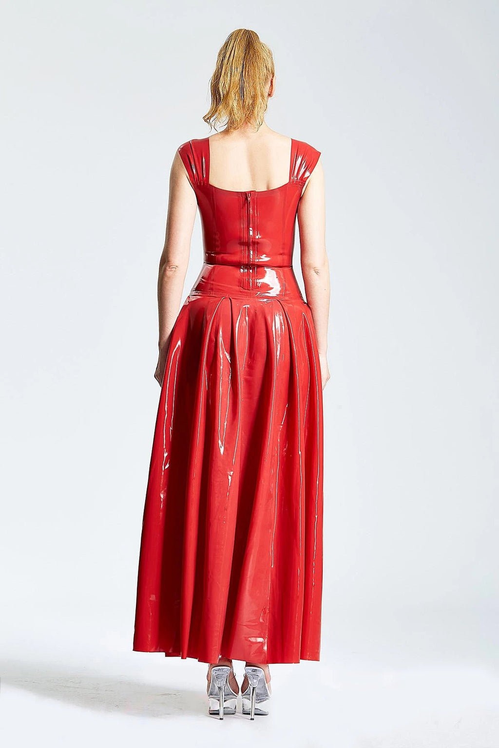 Latex Panel-Pleated Formal Maxi Dress – Red