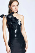 'Miranda' Latex One-Shoulder Mermaid Dress with Seaweed Ruffle Detail – Black