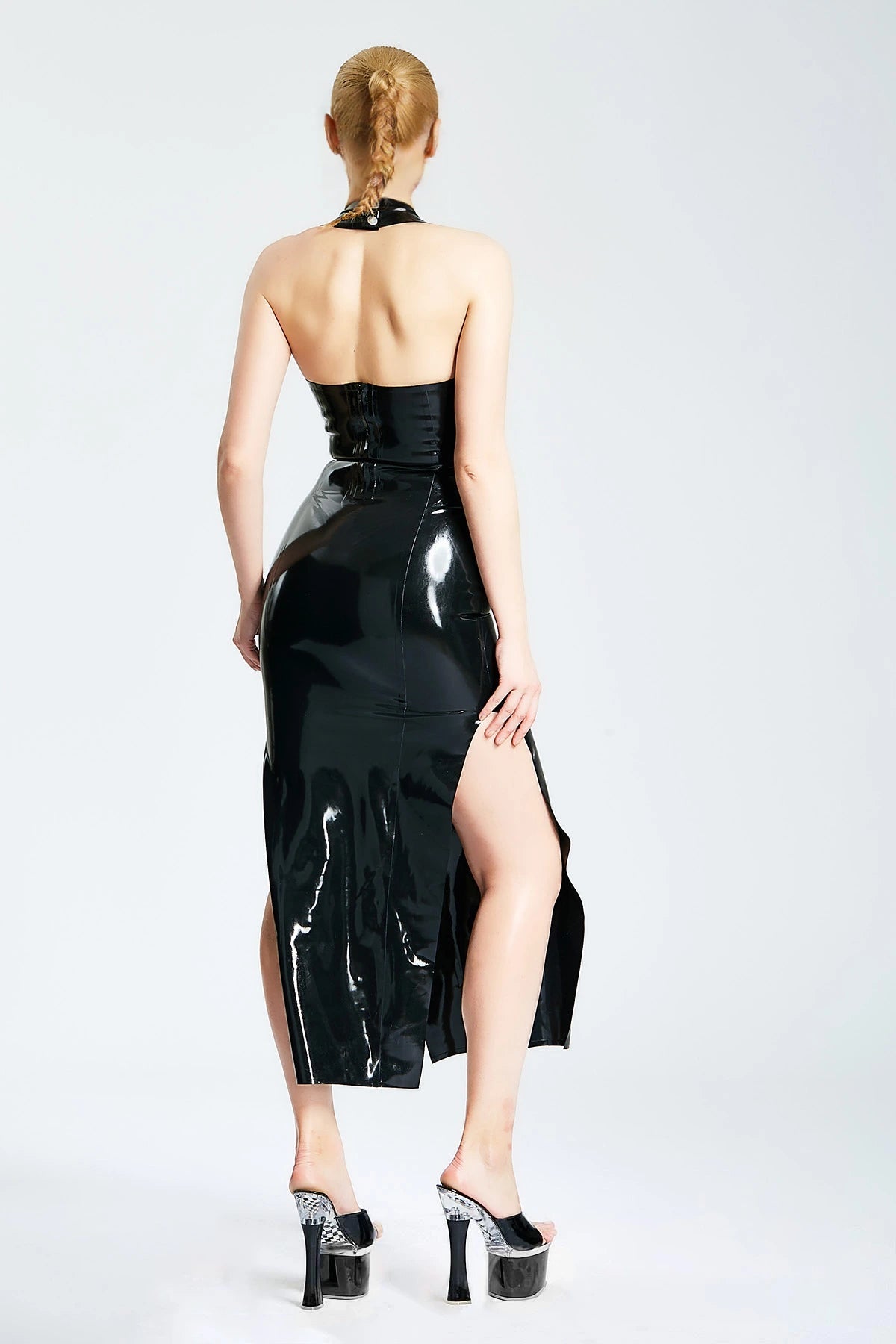 'Vivian' Latex Deep V Halter-Neck Midi Dress