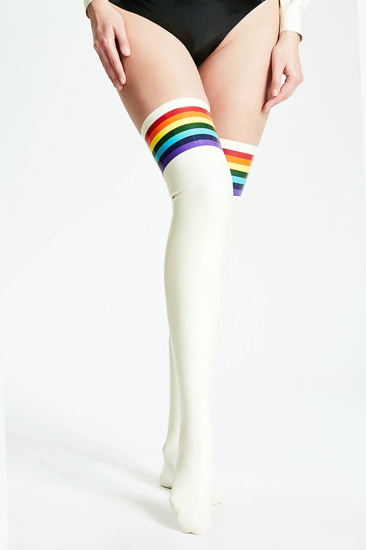 Latex Stockings in Pure White with Rainbow Multi-Colour Trim – Women's Latex Stockings