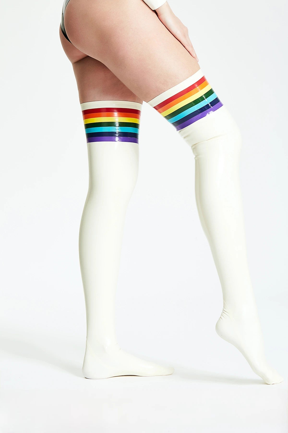 Latex Stockings in Pure White with Rainbow Multi-Colour Trim – Women's Latex Stockings