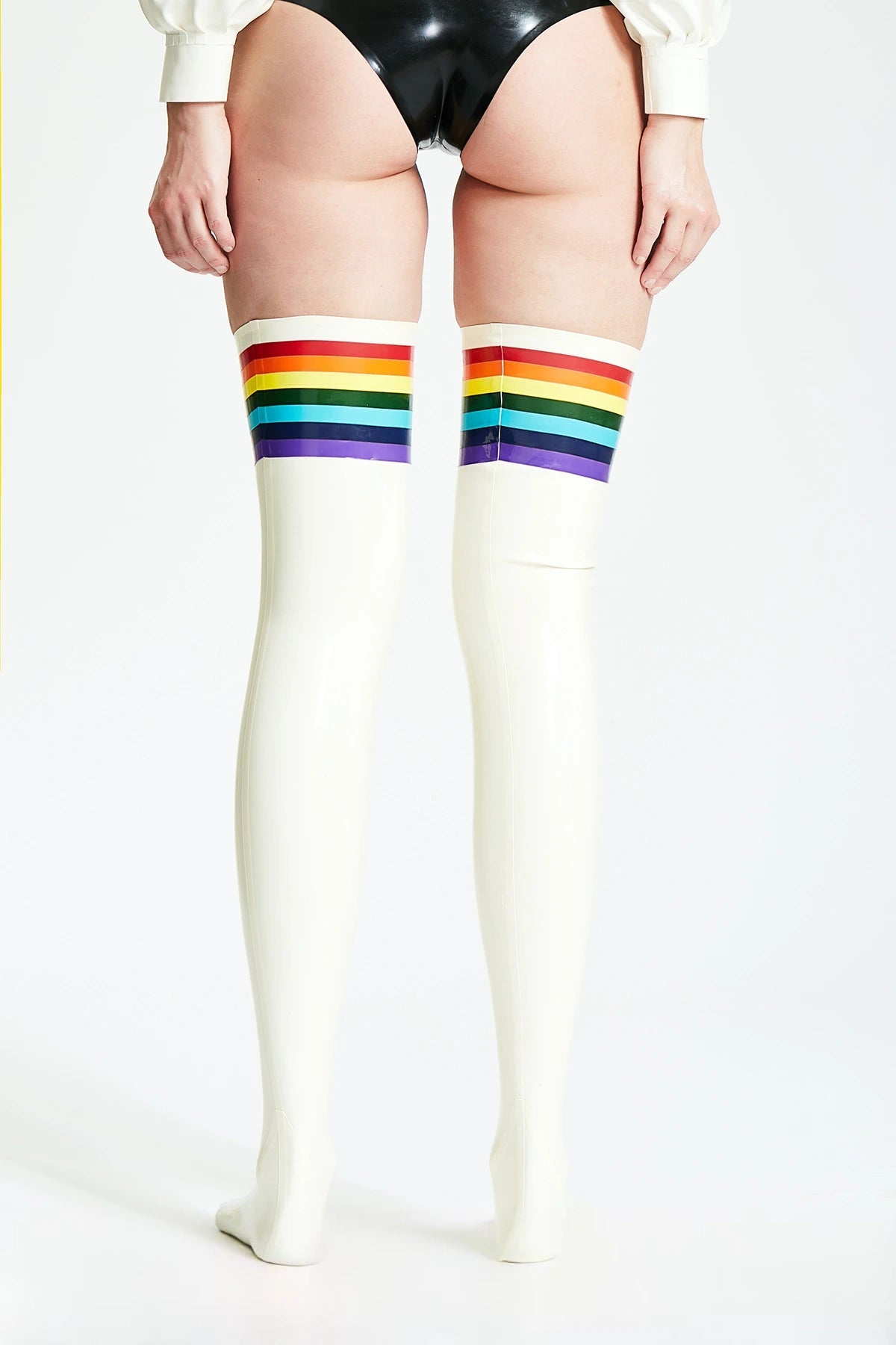Latex Stockings in Pure White with Rainbow Multi-Colour Trim – Women's Latex Stockings