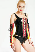 Latex Corset in Black with Red and Yellow Trim – Women's Latex Corset