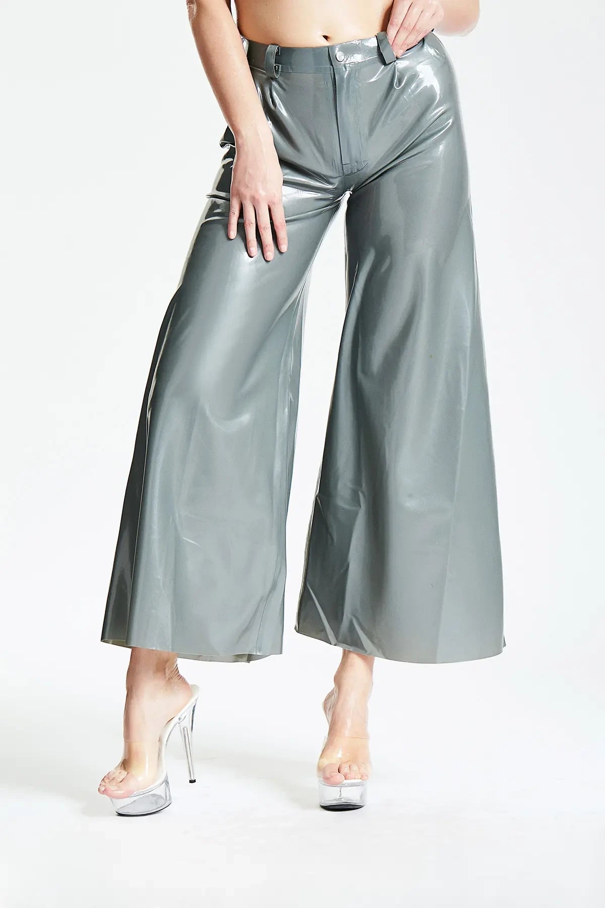 Latex Wide-Flared Pants with Belt Loops
