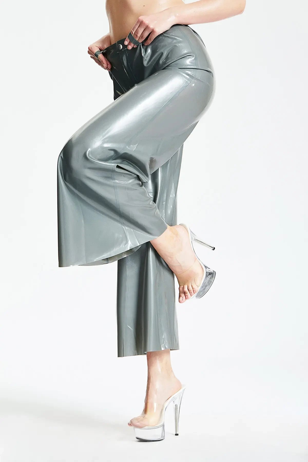 Latex Wide-Flared Pants with Belt Loops