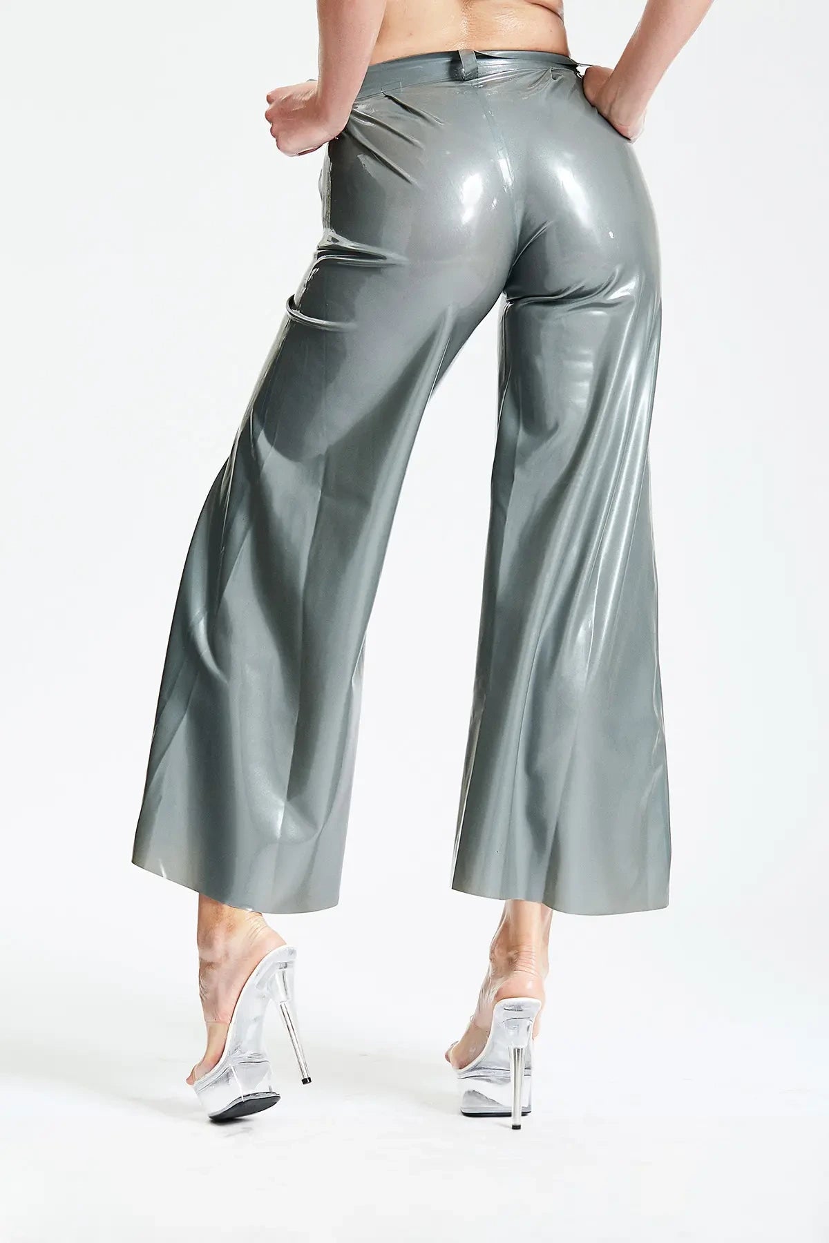 Latex Wide-Flared Pants with Belt Loops