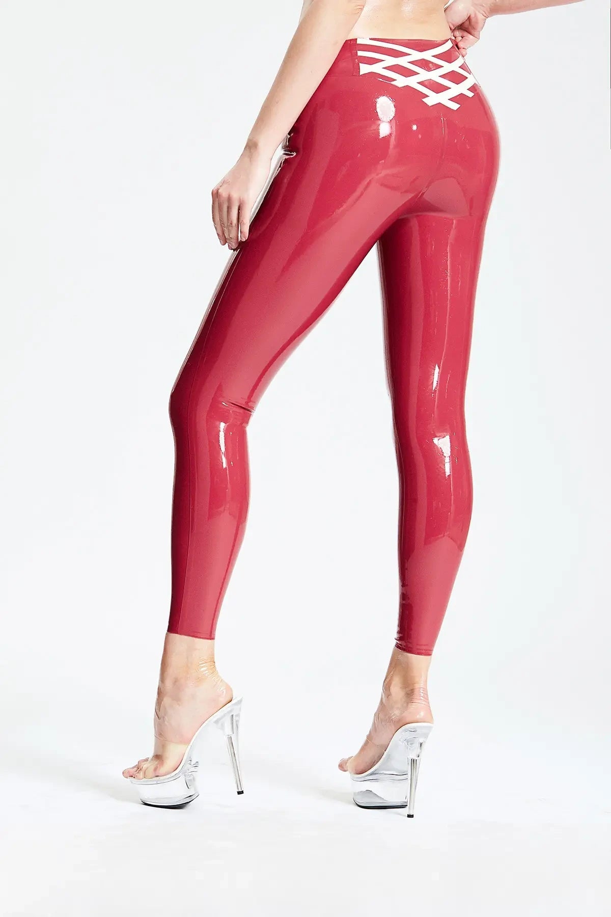 Criss-Cross Latex Tights — Plum Red & White