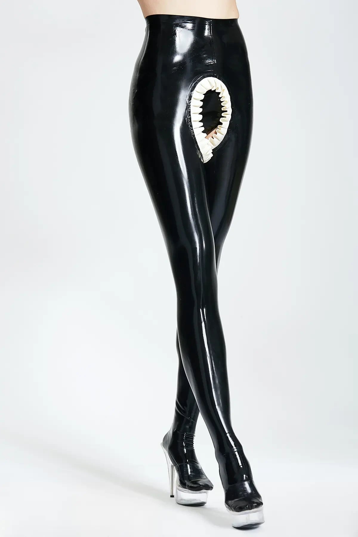 'Frilly Surprise' Latex High-Waisted Open Crotch Leggings