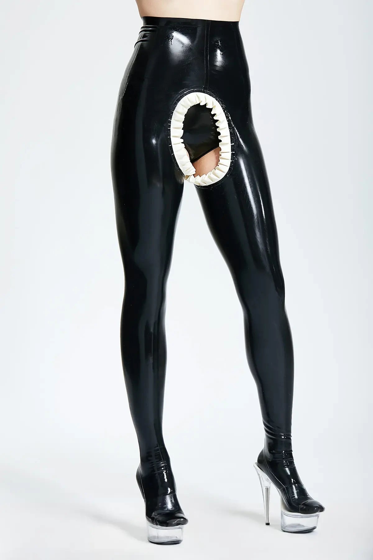'Frilly Surprise' Latex High-Waisted Open Crotch Leggings