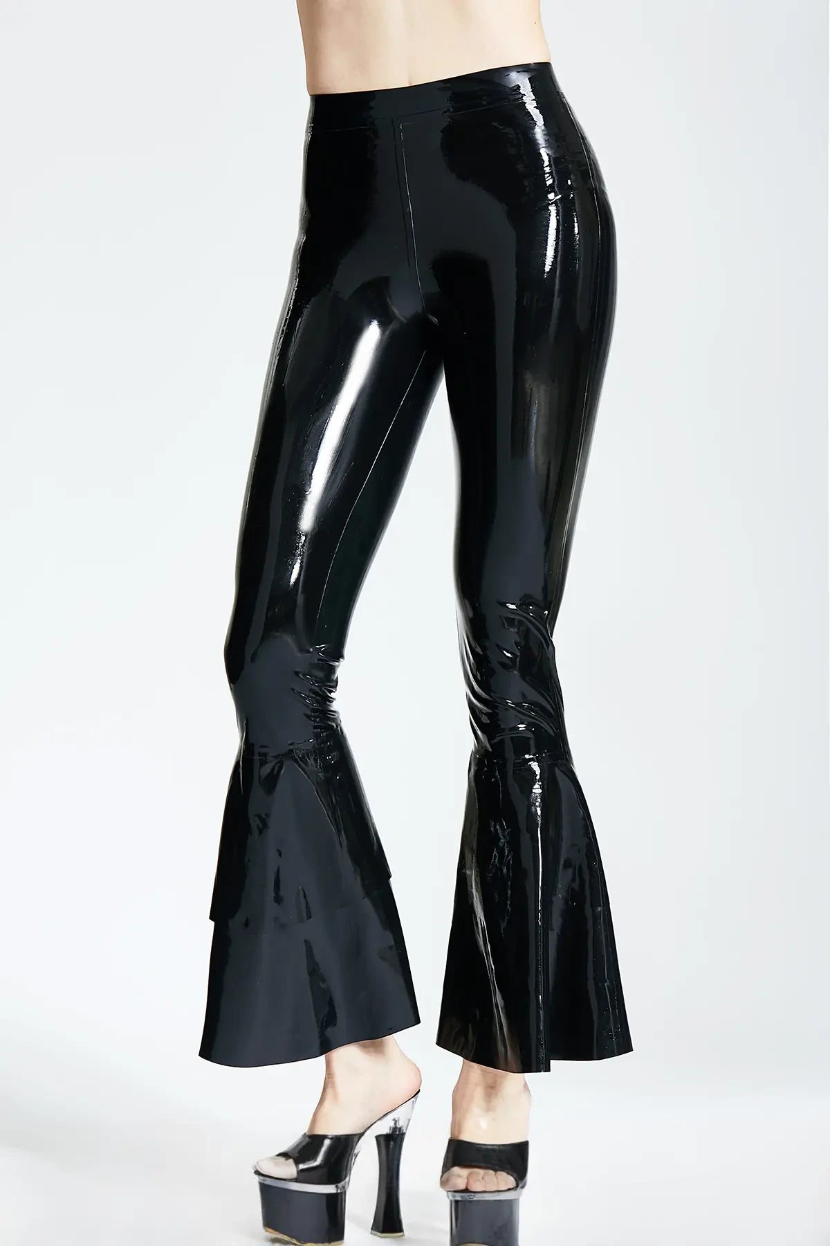 Flared Latex Trousers with Frill Detail