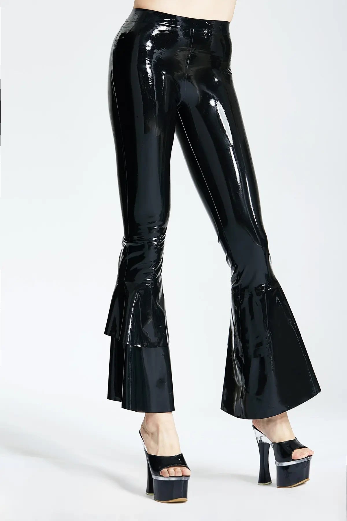 Flared Latex Trousers with Frill Detail