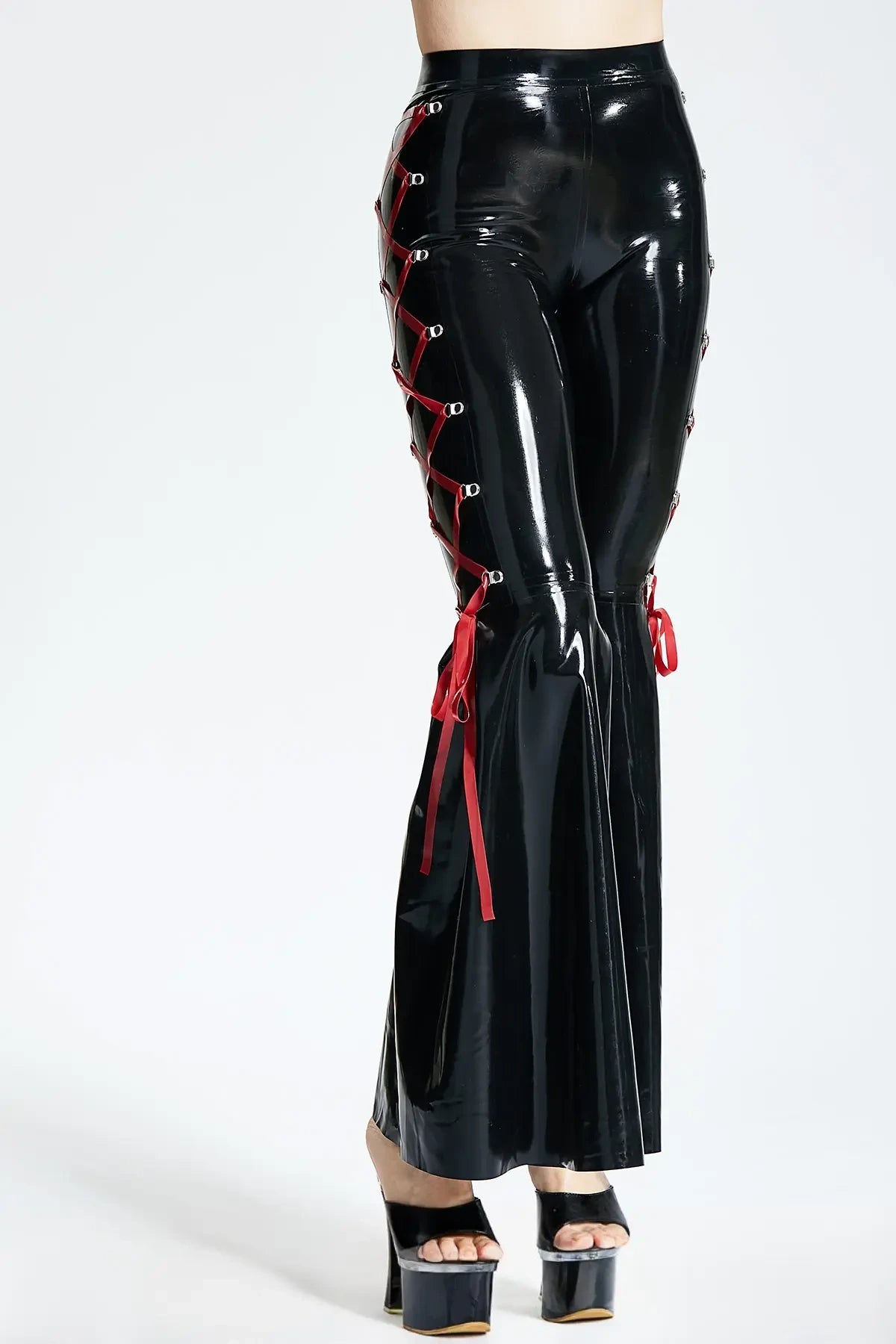 Latex Flared Disco Pants with Side Lacing – Black and Red