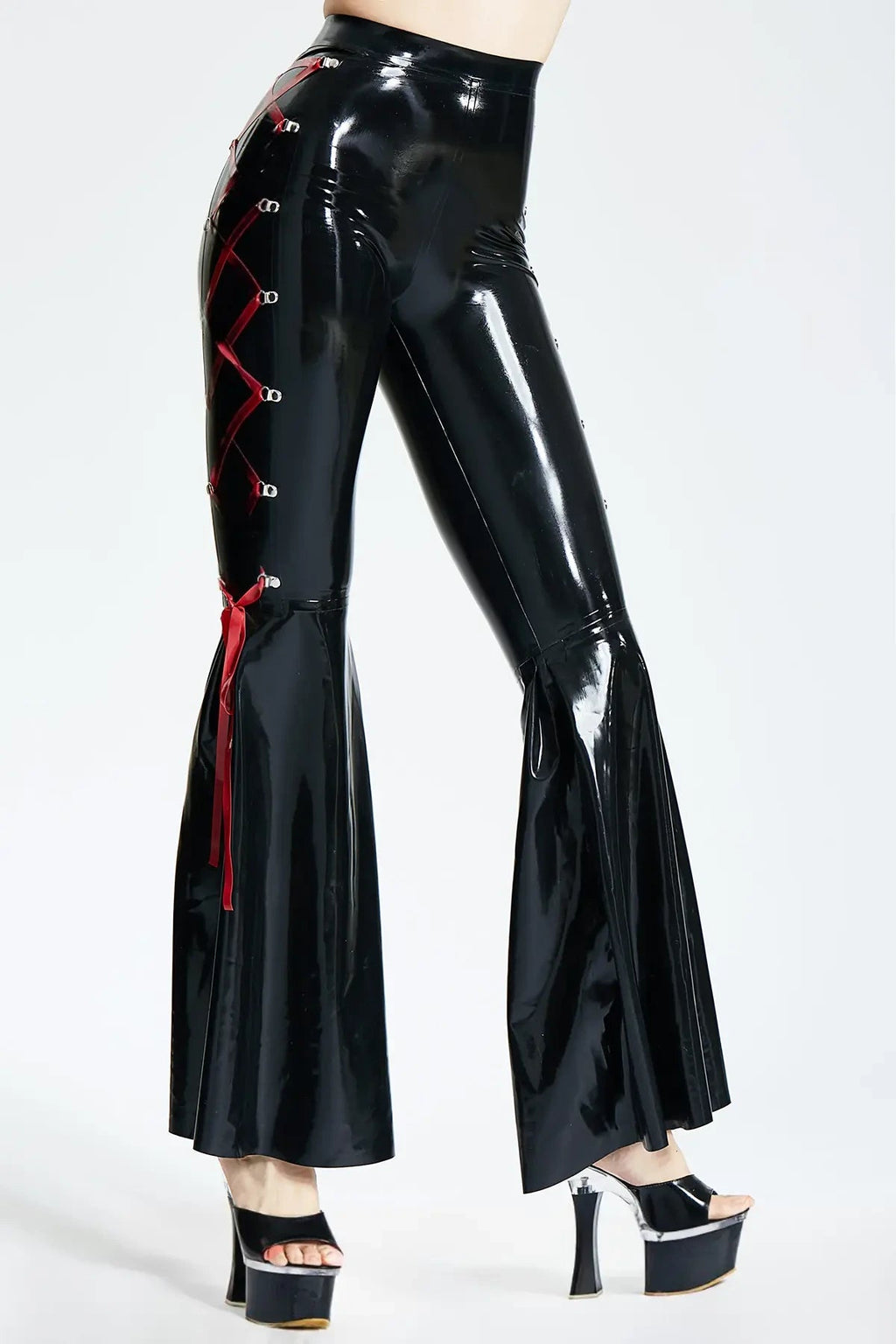 Latex Flared Disco Pants with Side Lacing – Black and Red