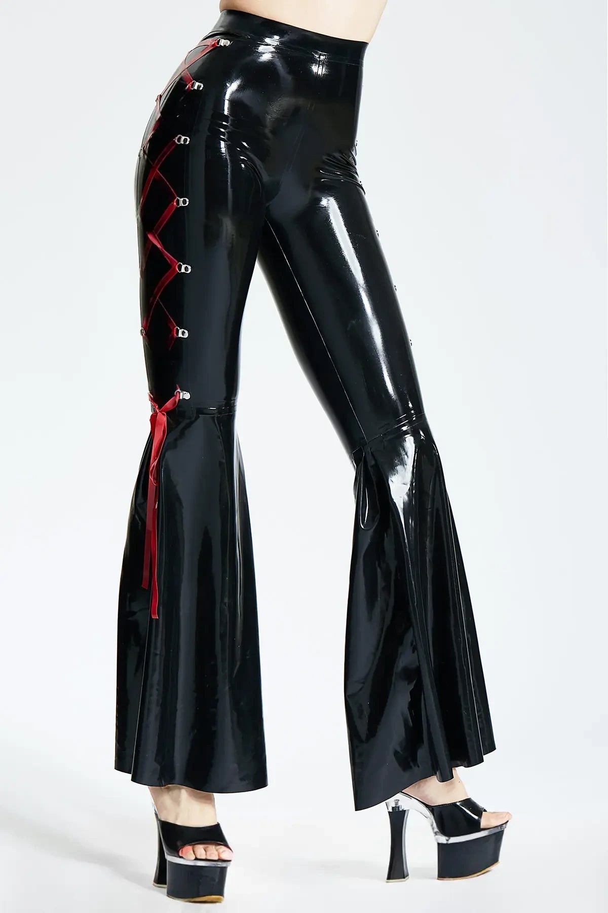 Latex Flared Disco Pants with Side Lacing – Black and Red