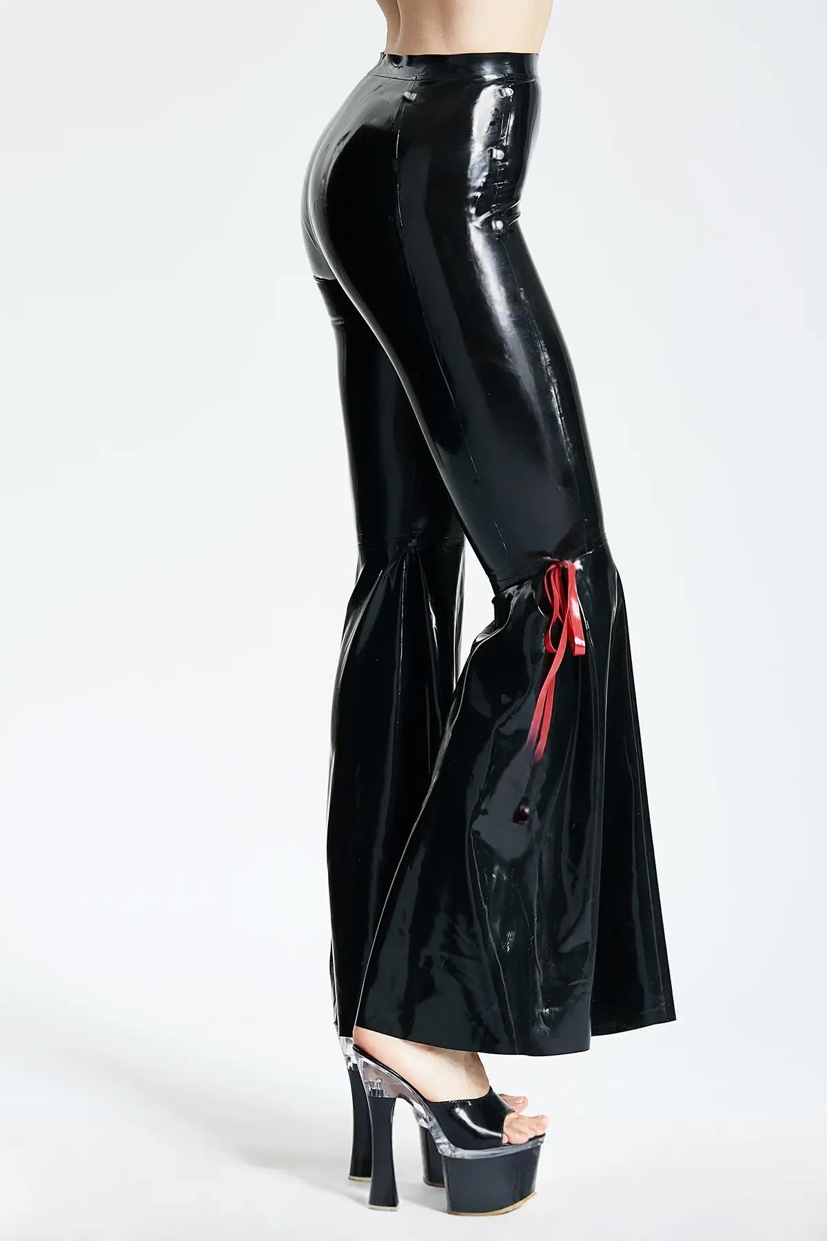 Latex Flared Disco Pants with Side Lacing – Black and Red