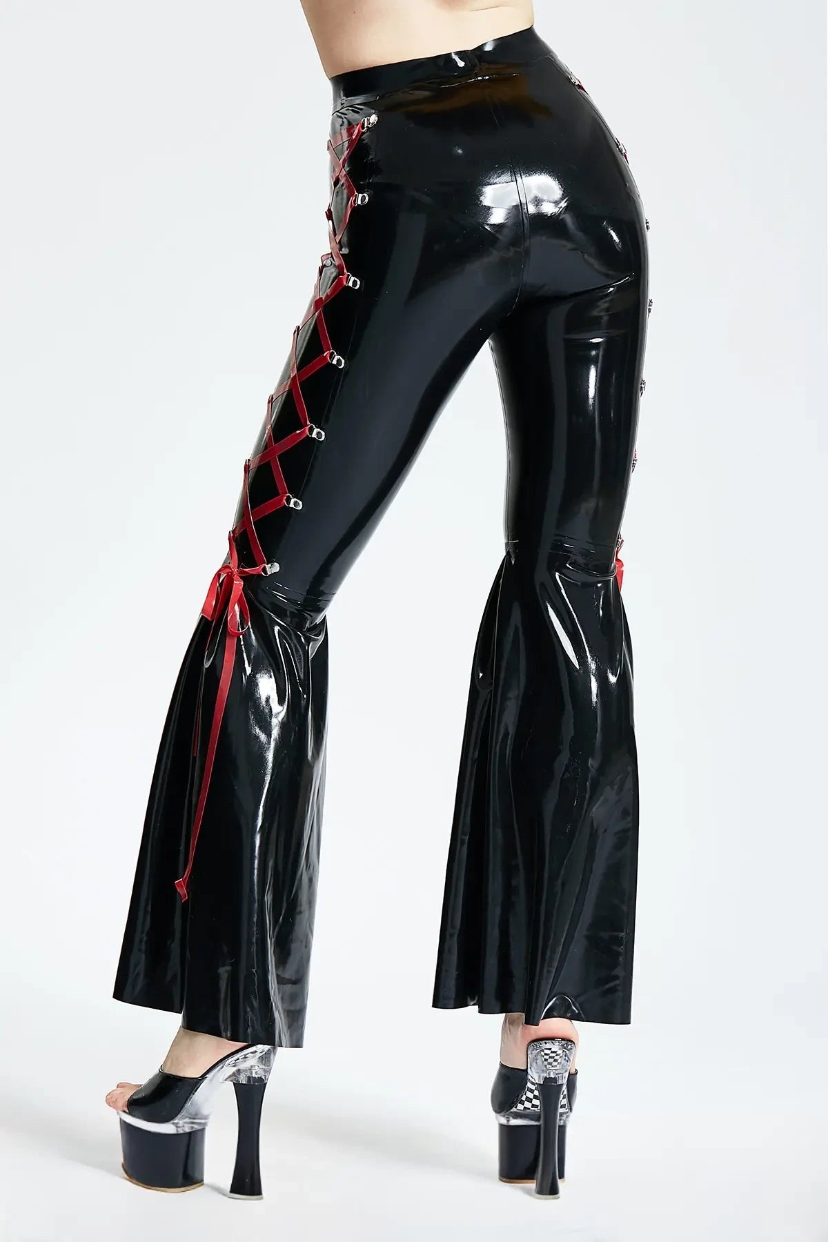 Latex Flared Disco Pants with Side Lacing – Black and Red