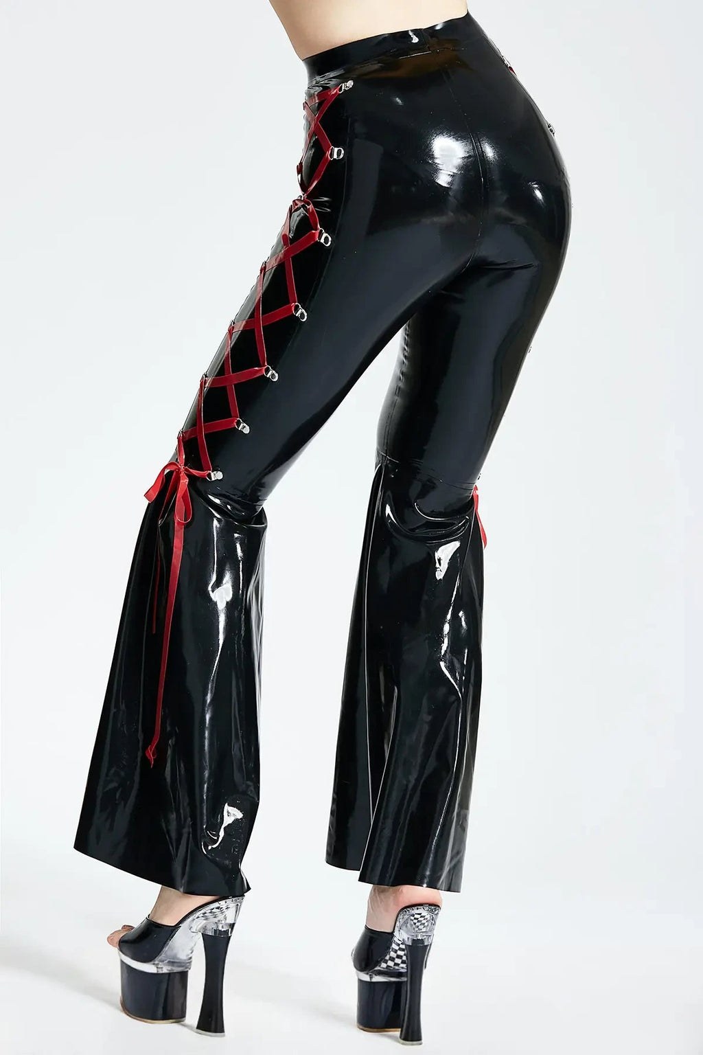 Latex Flared Disco Pants with Side Lacing – Black and Red