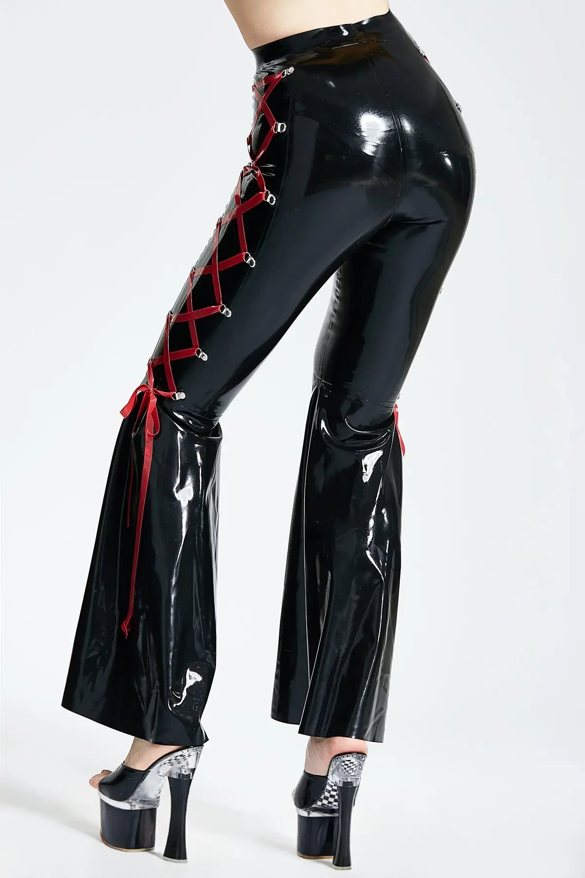 Latex Flared Disco Pants with Side Lacing – Black and Red