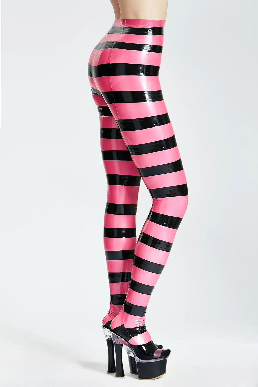Candy Striped Latex Tights — Metallic Pink & Black