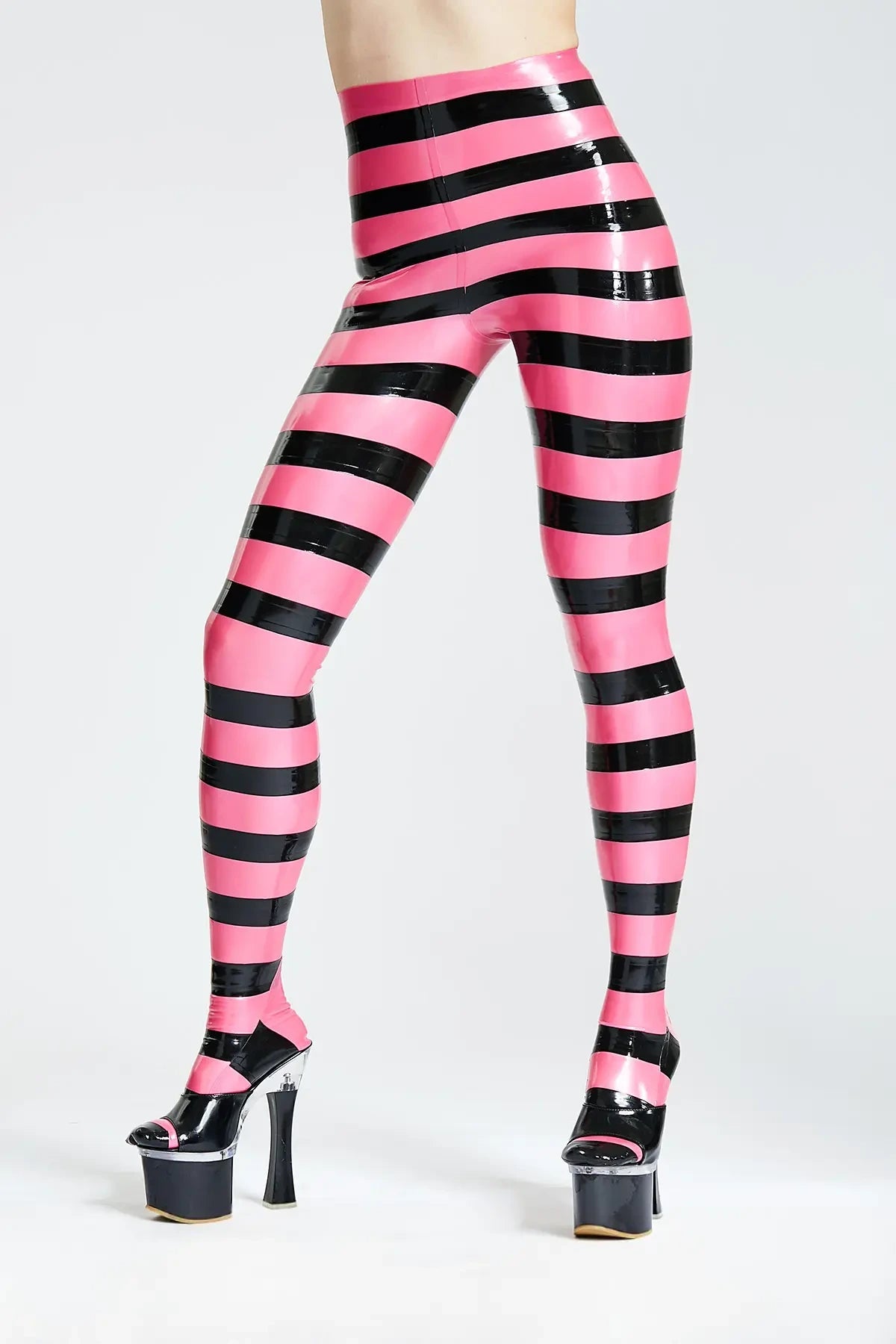 Candy Striped Latex Tights — Metallic Pink & Black