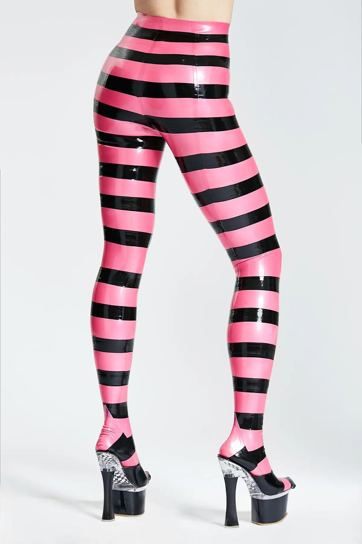 Candy Striped Latex Tights — Metallic Pink & Black