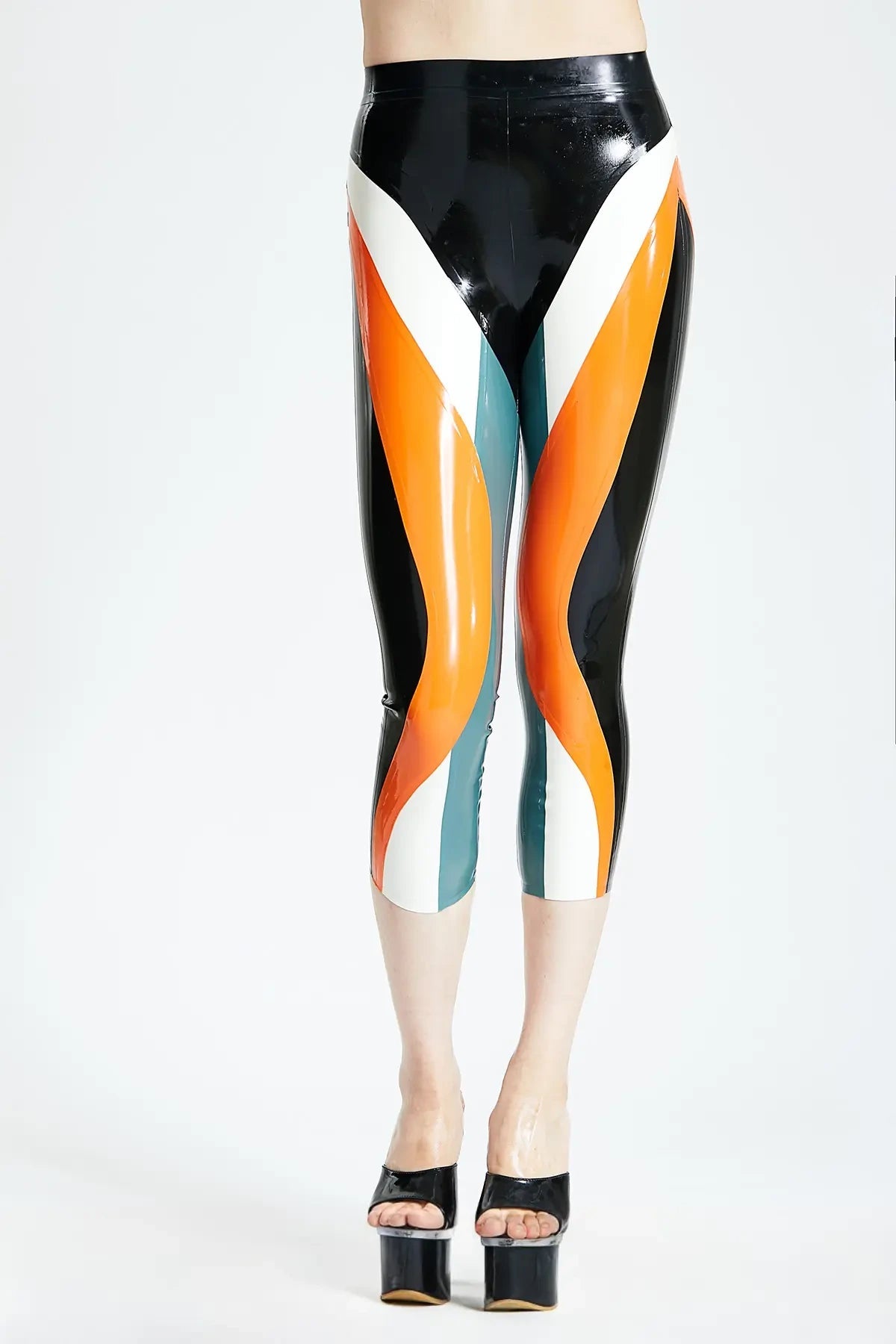 Latex Multi-Panel Leggings in Black, Orange and White Trim – Women's Latex Leggings