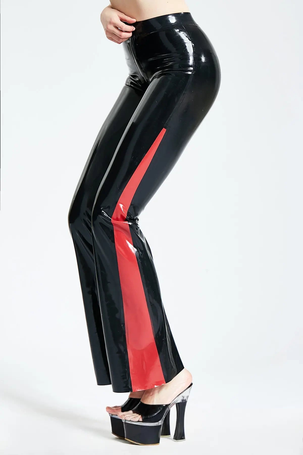 Flared Leg Latex Jeans with Spiked Panels