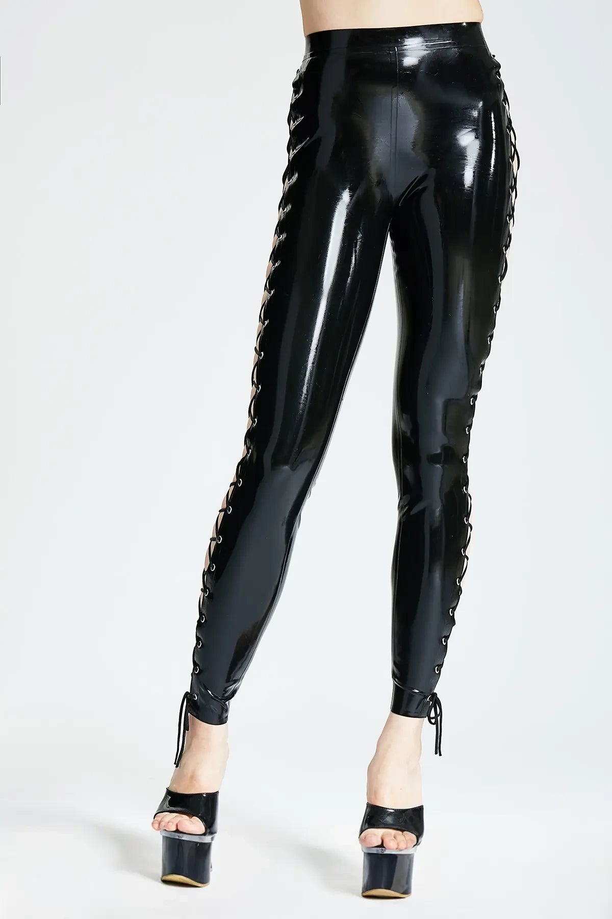 Latex Ankle-Length Leggings with Side Lacing – Black